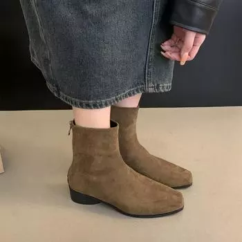 Премиум-смысл ретро-иностранный стиль короткие женские ботинки 2024 года весна-осень одинарные ботинки на толстом каблуке тонкие ботинки французские замшевые маленькие ботильоны 35 чёрный