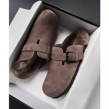 Премиум-смысл ретро пряжка ремня Boken полуперетягивающийся женские 2024 новые бархатные однопедальные пушистые хлопковые тапочки 35 темно-коричневого