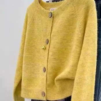 Premium soft waxy yellow knitted cardigan jacket women s autumn and winter loose short small lazy long-sleeved sweater S/70-80 жёлтый