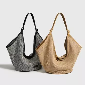 Premium Straw Tote Bag Women s Versatile Woven Shoulder Underarm Bag Commuter Big Bag Vacation Beach Bag коричневый