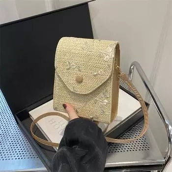 Premium straw woven square bag 2025 summer trendy fashion shoulder messenger bag woven vertical mobile phone bag women хаки
