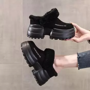Премиум-тапочки с толстой подошвой и ворсом, утолщенные, женская верхняя одежда, хлопковая швабра 2024 года, новинка зимы, повседневная обувь из хлопка Mao Mao 35 чёрный