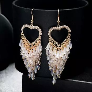 Premium temperament crystal fringed earrings heart-shaped exaggerated versatile long earrings trendy earrings women белый