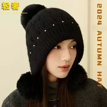 Премиум темперамент вязаная шапка женская зимняя уличная холодная трехворсовая шапка с защитой от ушей из кроличьего меха универсальная теплая шапка M56-58cm чёрный