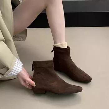 Premium thick heel suede French small ankle boots square head thin short boots women s shoes autumn and winter new velvet Martin boots 35 темно-коричневого