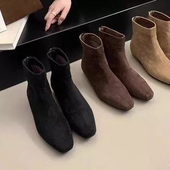 Premium thick heel suede French small ankle boots square head thin short boots women s shoes autumn and winter new velvet Martin boots 35 чёрный