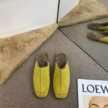 Премиум-туфли Lazy Muller с квадратной головкой и глубоким ртом, плюшевые теплые полутапочки Baotou с плоской подошвой, женская верхняя одежда 35 жёлтый