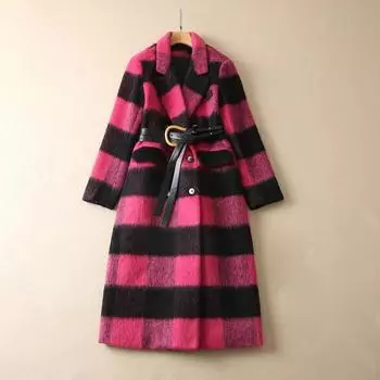 Премиум удлиненная плюшевая куртка 2024 зима новая утепленная контрастная полосатая шерстяная куртка женская одежда S розы красного