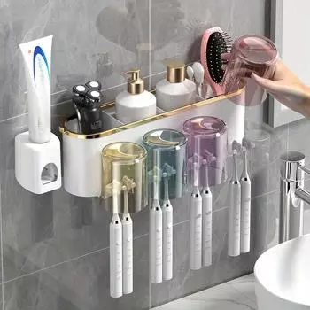 Premium Wall-Mounted Toothbrush Holder with Cup-Stylish for Bathroom Space-Saving Toothpaste Organizer,Perfect for Home Bathroom