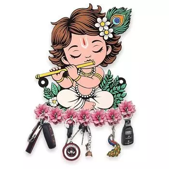 Premium Wooden Key Holder for Home/Office Decor/Key Hanger for Wall Decor,Decorative Item for Home (Cute Krishna)