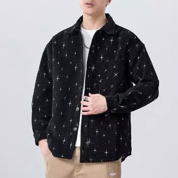 Премиум жаккардовая рубашка с длинным рукавом мужская свободная повседневная куртка с лацканами рубашка куртка Tide M чёрный