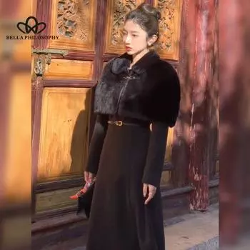 Премиум женский осенне-зимний плащ в стиле Хепберн с меховой короткой курткой и платьем, комплект из высококачественного пальто S