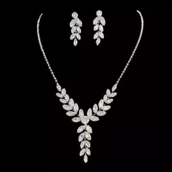 Premium Zircon Necklace Earrings Set Personalized Light Luxury Leaf Design Women S Collarbone Chain Stud Earrings Jewelry серебряный