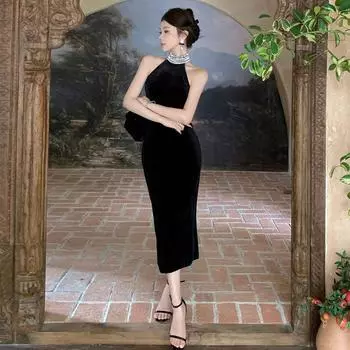 Премиум знаменитость гвоздь просверленный вырез халтер платье платье женщины S чёрный