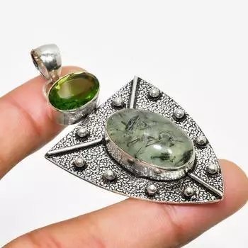 Пренит, цаворит, драгоценный камень 925, посеребренная подвеска 2,34 дюйма 2.34 зелёный