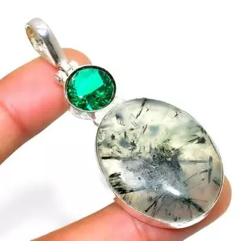 Пренит-диопсид, драгоценный камень 925, посеребренная подвеска ручной работы, 2,34 дюйма 2.34 зелёный