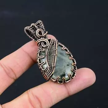 Пренит драгоценный камень чистая медная проволока обернутая подвеска ручной работы ювелирные изделия для подарка 2.44 Inches зелёный