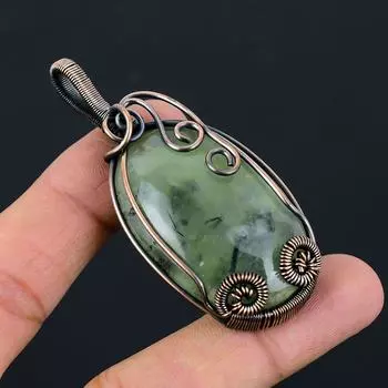 Пренит драгоценный камень из чистой медной проволоки, обернутый подвеской ручной работы, ювелирные изделия 2.83 Inches зелёный