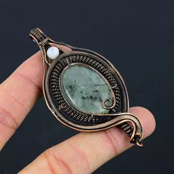 Пренит, драгоценный камень лунного камня, чистая медная проволока, обернутая дизайнерской подвеской ручной работы, ювелирный подарок 3.15 Inches зелёный