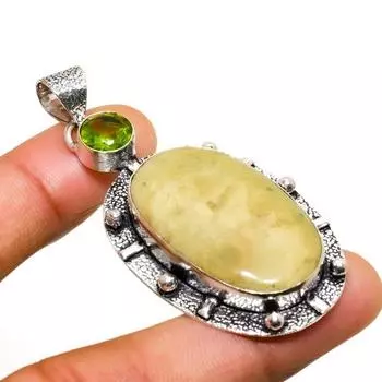Пренит, драгоценный камень перидот, подвеска ручной работы с серебром 925 пробы, 2,27 дюйма 2.27 зелёный