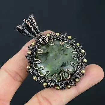 Пренит драгоценный камень ручной работы из чистой медной проволоки подвеска для ювелирных изделий для любви 2.80 Inches зелёный