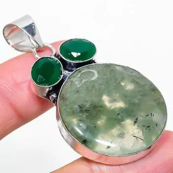 Пренит драгоценный камень ручной работы из стерлингового серебра 925 пробы Подарочный ювелирный кулон 2,17 дюйма c7U63