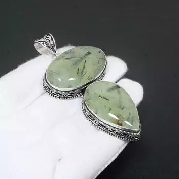 Пренит Драгоценный Камень Ручной Работы Стерлингового Серебра 925 Ювелирный Подвеска Двойной Подвеска Из Драгоценного Камня Антикварный Подвеска Натуральный Пренит Подвеска Из Драгоценного Камня Для Подарков 2.95 зелёный