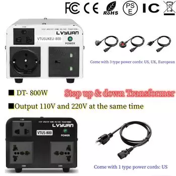 Преобразователь напряжения мощностью 800 Вт, повышающий напряжение со 110/120 В до 220/240 В или понижающий с 220/240 В до 110/120 В/Шнур питания для США/ЕС/Великобритании, адаптер для международных путешествий