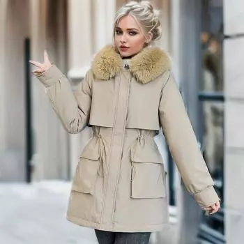 Преодоление хлопкового пальто бархатная зимняя новая хлопковая куртка для женщин средней длины корейская версия талия большой размер хлопковое толстое пальто M белый