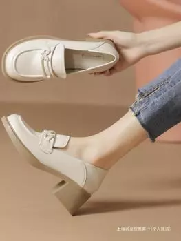 Преподавательское интервью Маленькие кожаные туфли женские британские универсальные рабочие туфли на толстом каблуке туфли на высоком каблуке туфли на платформе женские 34 абрикосовый