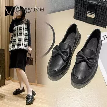 Preppy Girls bowknot oxfords women slip on loafers retro small leather shoes woman winter plush round toe warm plush flats 34-41 4.5