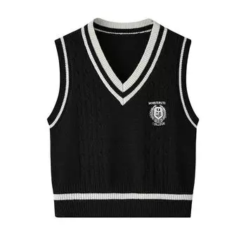 Preppy Style Knitting Vest Autumn and Winter Embroidery V-neck Sleeveless Vest Inner Matching Shirt Contrast Color Waistcoat Pullover Sweater Black S