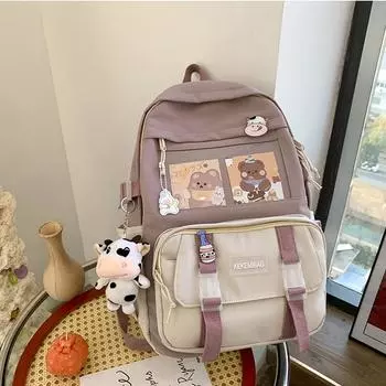 Preppy Style Large Capacity Students School Bags Casual Canvas Female Backpack Fashion Patchwork Women Knapsack with Card Badge
