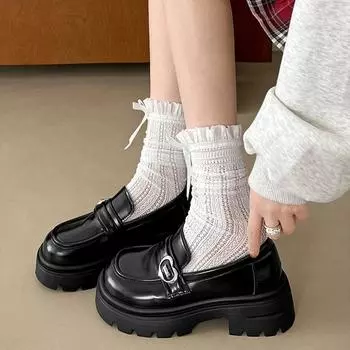 Preppy Style PU leather Lolita shoes Women s Vintage Platform Loafers Versatile Women s Classic black Round Toe Mary Jane Shoes 35 чёрный