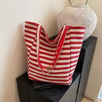Preppy Style Stripes Canvas Bag Female 2025 New Arrival Tide Fashion South Korea Idle Style Tote Bag Large Capacity Bag Red