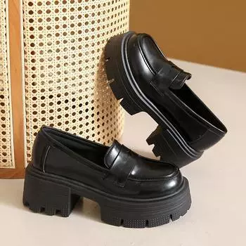 Preppy Style Thick Heels Lolita shoes Woman Retro Mary Jane Shoes Patent Leather Platform Loafers Women Footwear Oxfords shoes 35 чёрный