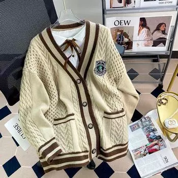 Preppy Sweater Outerwear Women Cardigan 2024 Autumn and Winter New Loose Lazy British Mid-Length Knitted Top Khaki S