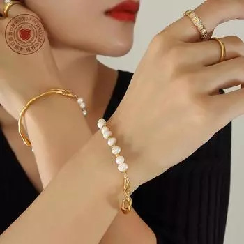 Пресноводный жемчуг Персонализированный геометрический браслет из титановой стали Модная и элегантная цепочка для друзей Модный ретро-стиль Не выцветающая ручная работа 17cm