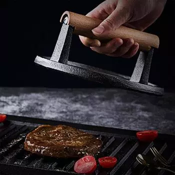 Пресс для бургеров, прочный чугунный пресс для бекона, мясной стейк с деревянной ручкой, бекон, идеально подходит для приготовления на сковороде