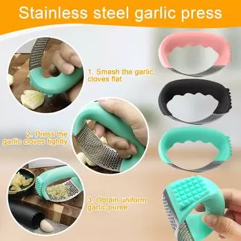 Пресс для чеснока из нержавеющей стали, измельчитель чеснока с овощечисткой и щеткой для чистки, дробилка для чеснока из нержавеющей стали для измельчения чеснока, кухонные принадлежности One Size чёрный