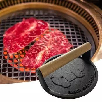 Пресс для гамбургеров с деревянной ручкой, сверхпрочный чугунный пресс с антипригарным покрытием, пресс для бекона, круглый пресс для мяса с узором «копилка», для кухни чёрный