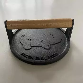 Пресс для гамбургеров с деревянной ручкой, сверхпрочный чугунный пресс с антипригарным покрытием, пресс для бекона, круглый пресс для мяса с узором «копилка», для кухни чёрный