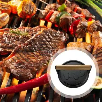 Пресс для гамбургеров с деревянной ручкой, сверхпрочный чугунный пресс с антипригарным покрытием, пресс для бекона, круглый пресс для мяса с узором «копилка», для кухни чёрный