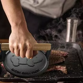 Пресс для гамбургеров с деревянной ручкой, сверхпрочный чугунный пресс с антипригарным покрытием, пресс для бекона, круглый пресс для мяса с узором «копилка», для кухни чёрный