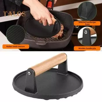 Пресс для мяса для гриля, круглый чугунный пресс для бекона, прямоугольный пресс для бургеров с деревянной ручкой с деревянной ручкой Square