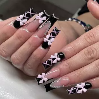 Press on Nails Coffin Long Black Glossy Full Cover Acrylic Square French False Nails with Bows Designs Artificial Nail