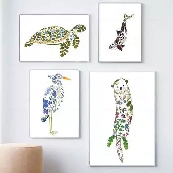 Прессованный цветок цапля пеликан морская черепаха собака ежик лошадь лягушка принт животное цветочный плакат холст картина детская декор для детской комнаты 21x30cm No Frame