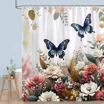 Pretty Floral Shower Curtain Blooming Flower Butterfly Lotus Polyester Fabric Home Shower Curtains Bathroom Decor With Hooks 90x180cm