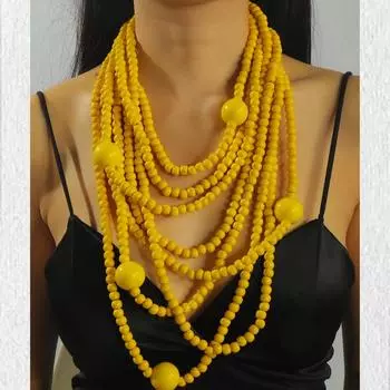 Преувеличенная индивидуальность Атмосфера Круглые деревянные бусины Многослойная подвеска Цепочка на ключицу Модное изысканное универсальное ожерелье для женщин жёлтый