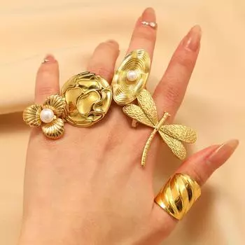 Преувеличенная индивидуальность кольцо из нержавеющей стали стрекоза цветок овальное нерегулярное геометрическое открытое кольцо для женщин 1 pcs